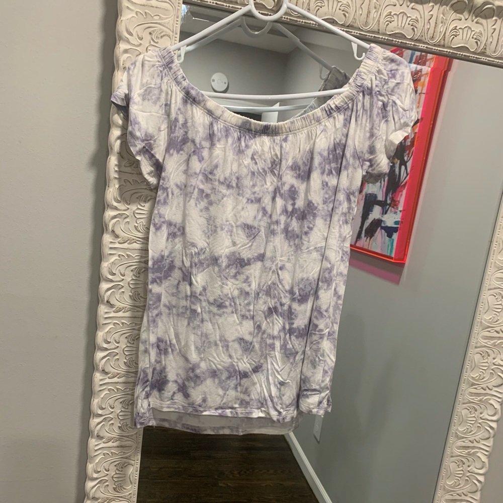 Off the shoulder purple and white flowy top